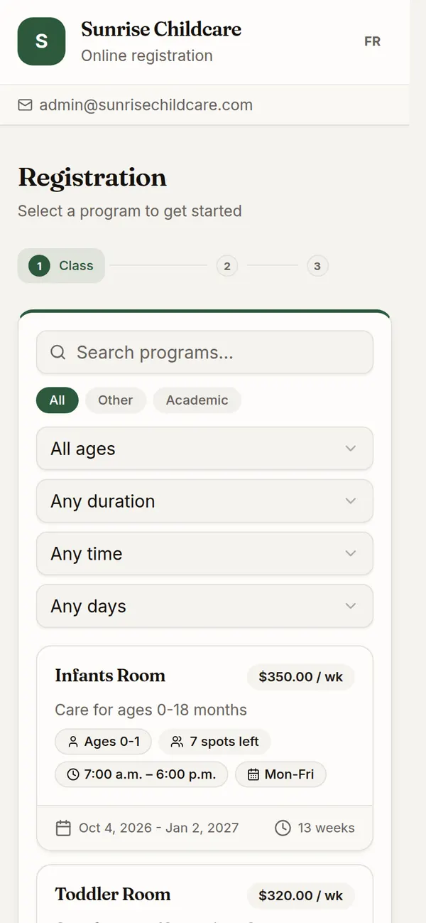 A daycare registration page on a phone, listing the Infants, Toddler and Preschool rooms with ages, hours and spots left