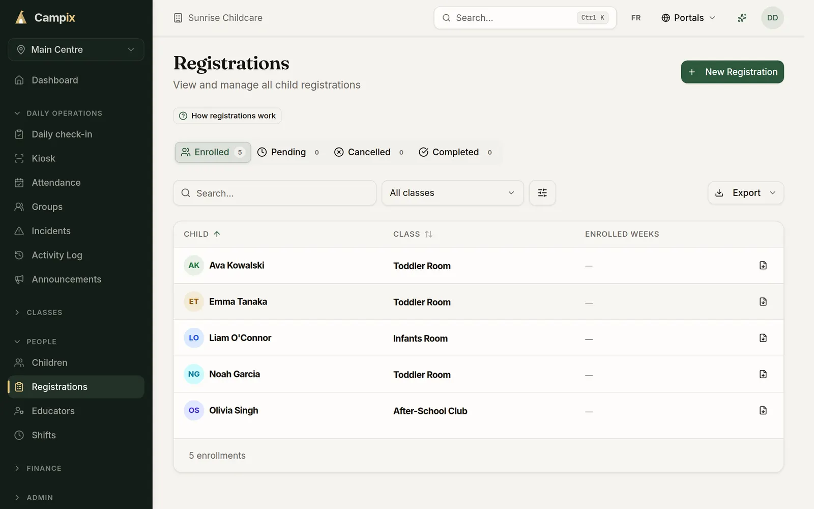 The Registrations screen listing five children and the room each is enrolled in