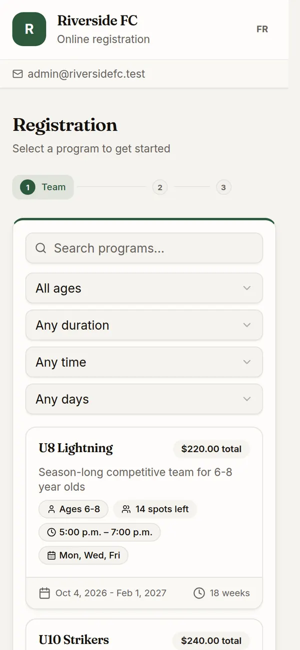 A club registration page on a phone, listing teams with their ages, fee, practice times and spots left