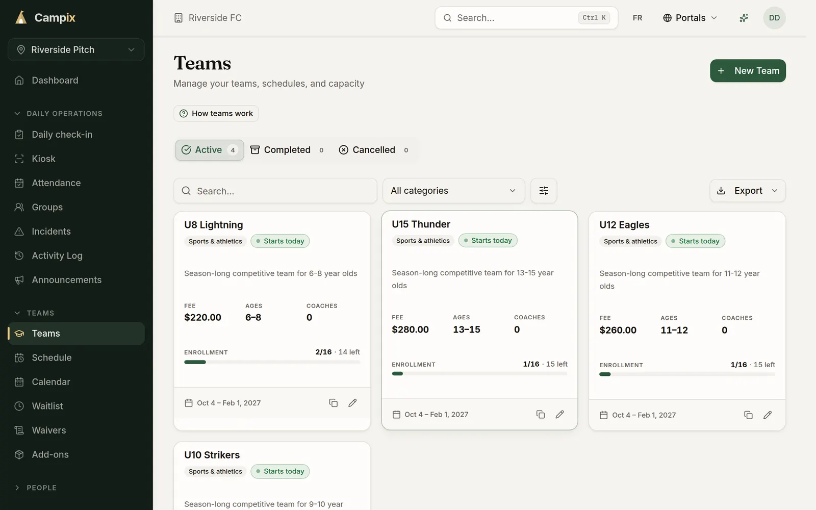 The Teams screen with four teams, each showing its fee, age range, coaches and enrollment