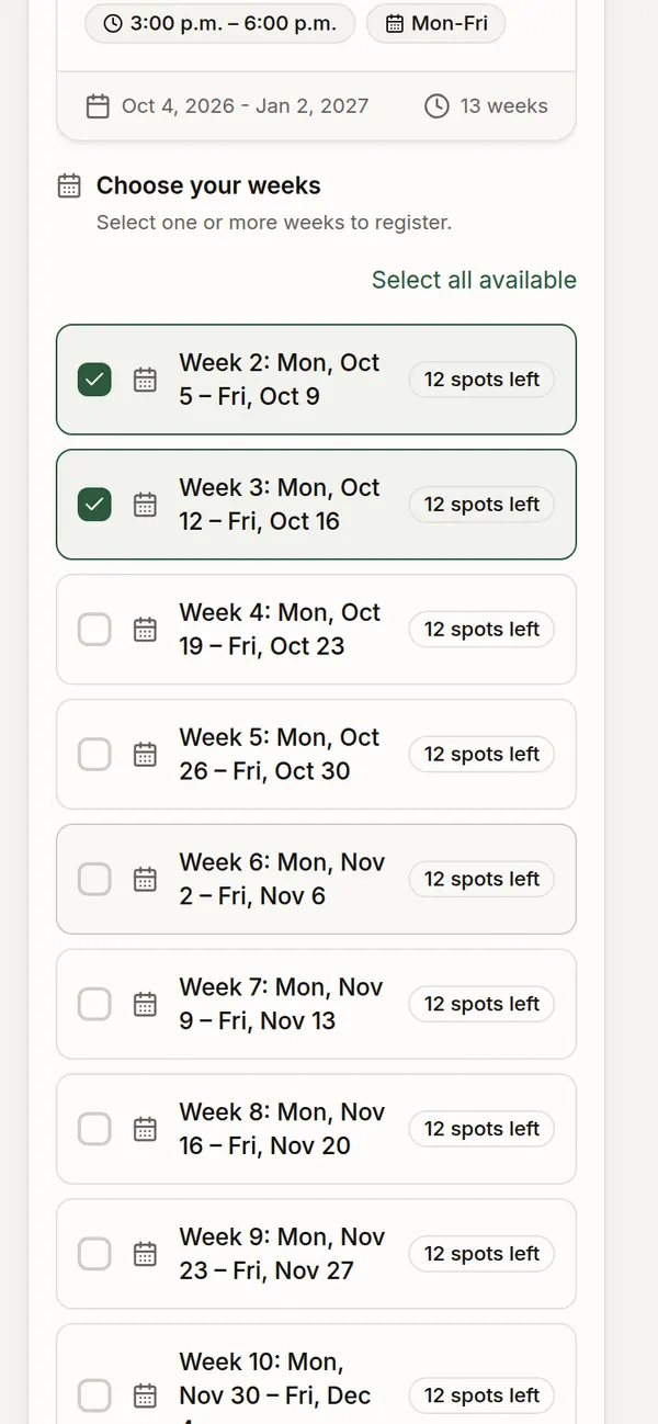 An after-school club on a registration page, followed by a week picker with two weeks selected